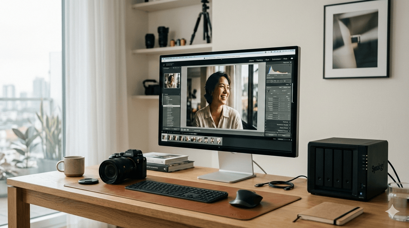 A photographer's studio with a HavenVault storage system on the desk